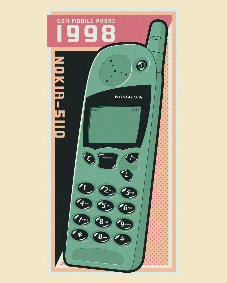 Illustration of a vintage 1998 NOKIA mobile phone with a green body, black buttons, and a small monochrome screen, labeled 'NOSTALGIA'. The background features a retro design with pink, mint green, and black colors, and text indicating 'GSM Mobile Ph