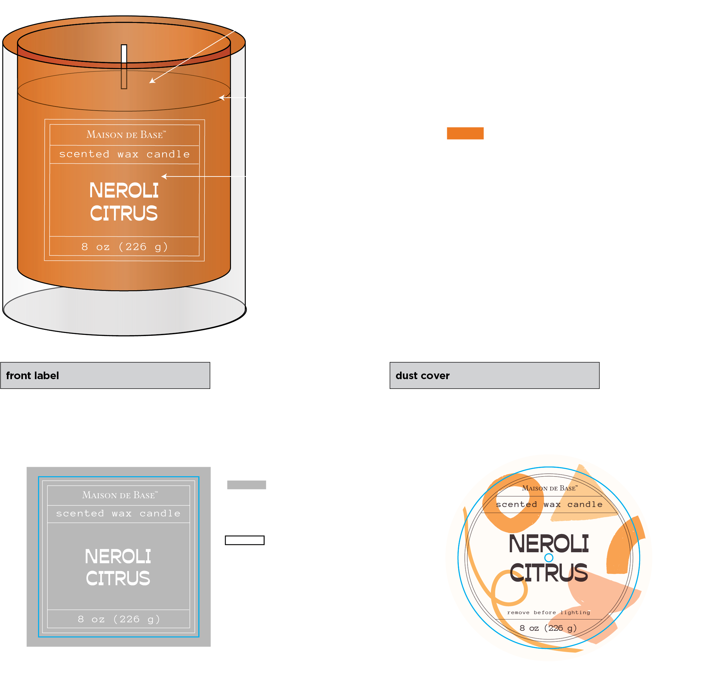 A schematic diagram of a scented wax candle named Neroli Citrus, showing its label, dust cover, and decorative top view. The candle has an 8.47 oz size, made with paraffin, palm, and fragrance, with a white color and Neroli Citrus scent.