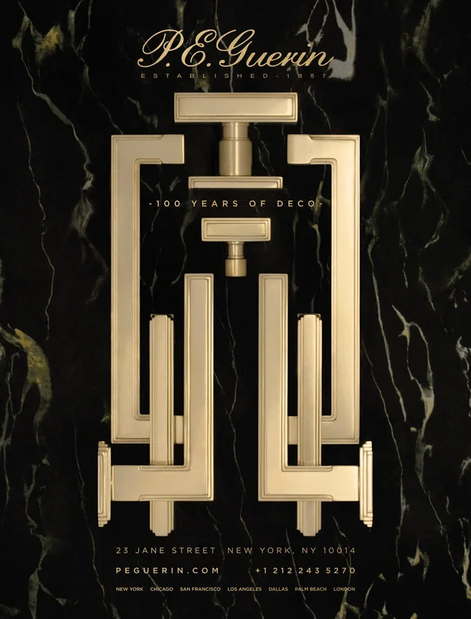 Advertising poster for P.E. Guerin, celebrating 100 years of decorative craftsmanship. The poster features a large, gold, architectural design resembling a stylized letter 'G' set against a black marble background. It includes the address 23 Jane Str