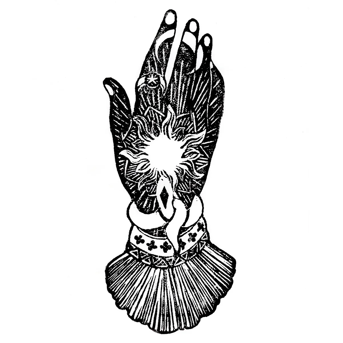 Black and white illustration of a hand with intricate patterns, with a glowing light at the palm, wearing rings and jewelry, and a scalloped skirt at the wrist.