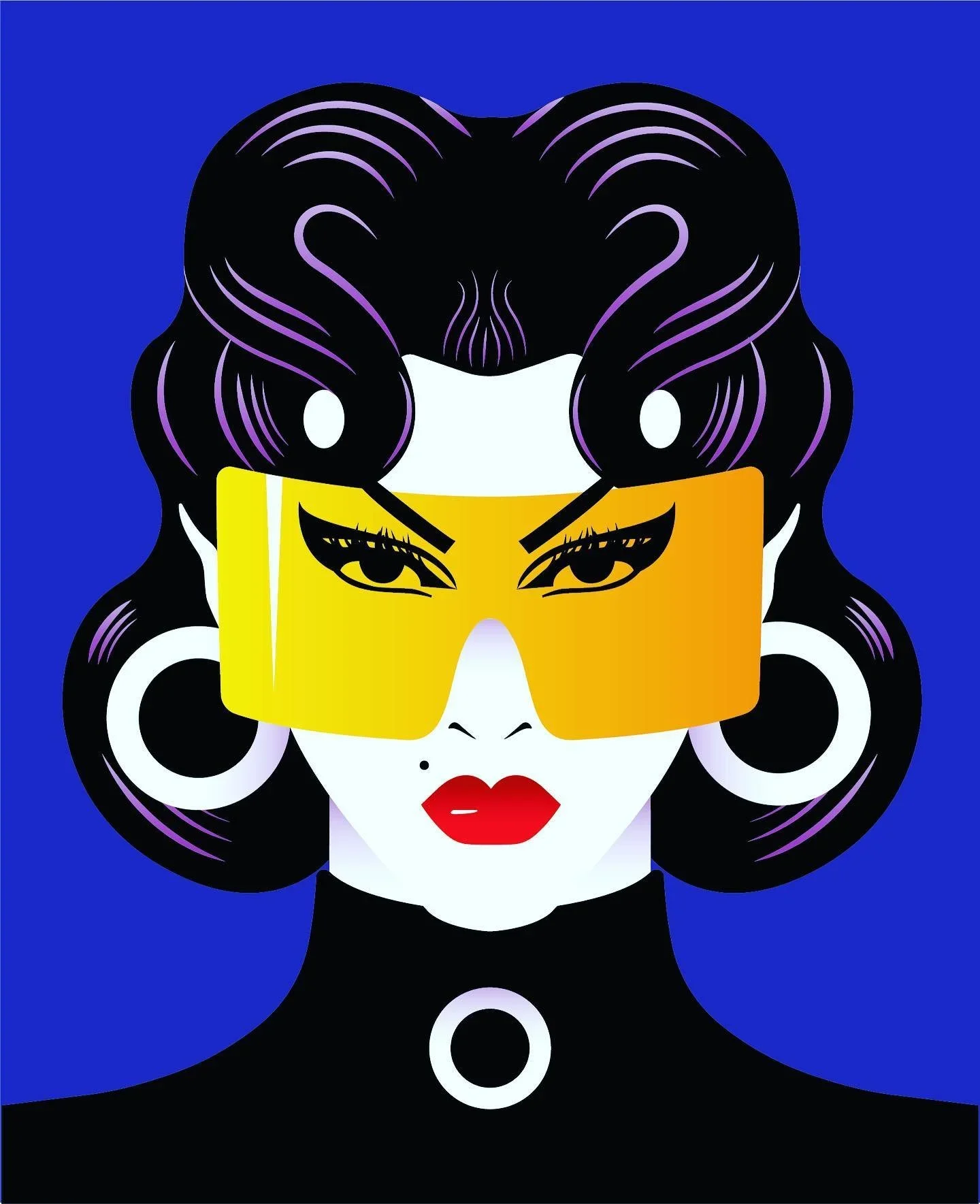 Stylized portrait of a woman with dark wavy hair and red lipstick, wearing large yellow visor glasses, white earrings, and a black high-neck dress with a circular brooch, against a blue background.