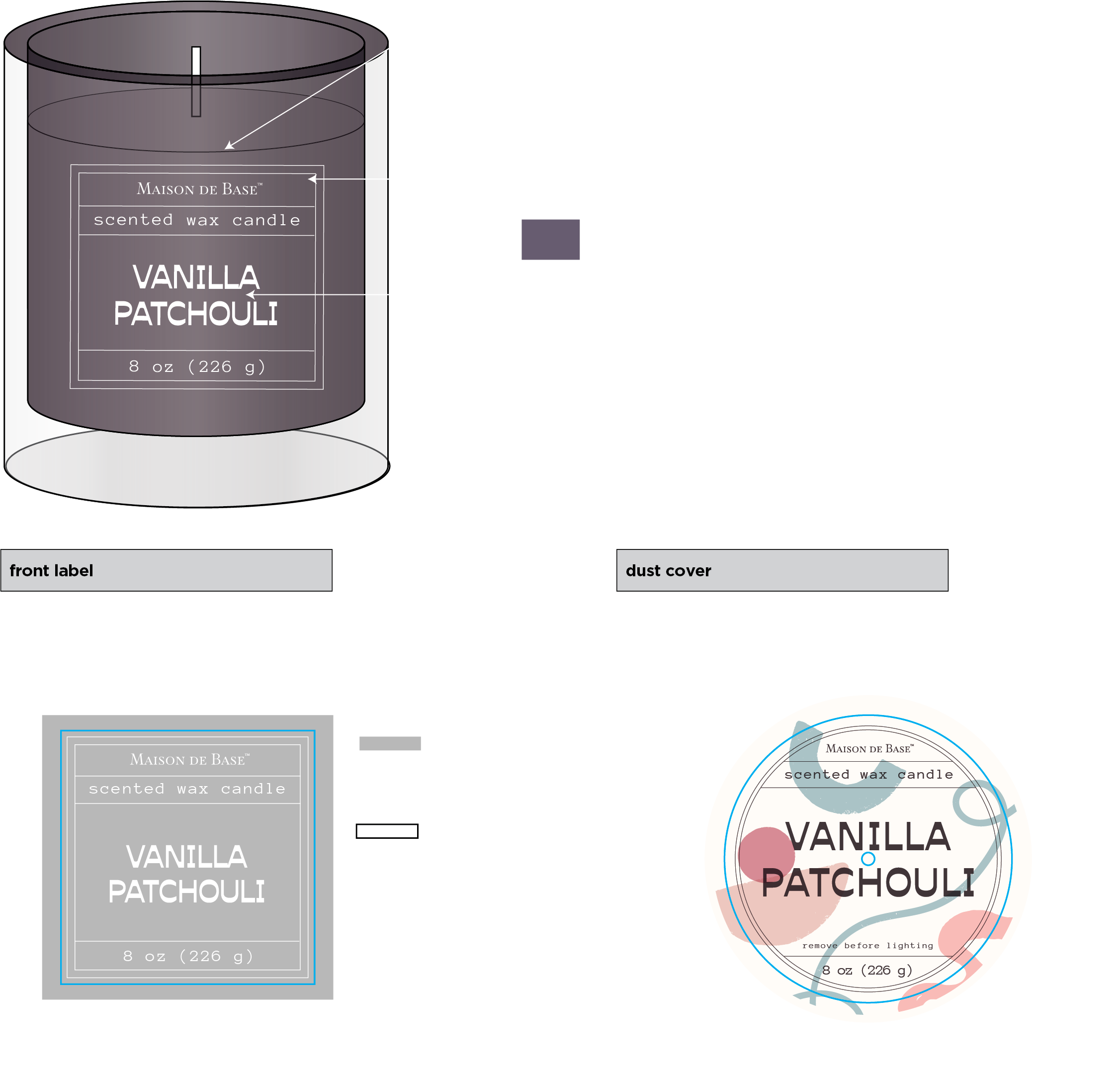 Diagram illustrating an 8 oz scented glass candle with spray transparent glossy glass paint, labeled 'Vanilla Patchouli'. The diagram shows the candle with its dust cover, front label, and decorative art. Key specifications include size, materials, a