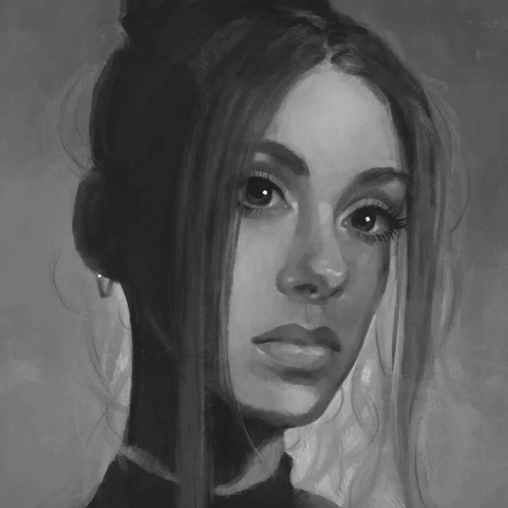 A black and white portrait of a young woman with large eyes, long eyelashes, and slightly parted lips. Her hair is styled in an updo with some loose strands.