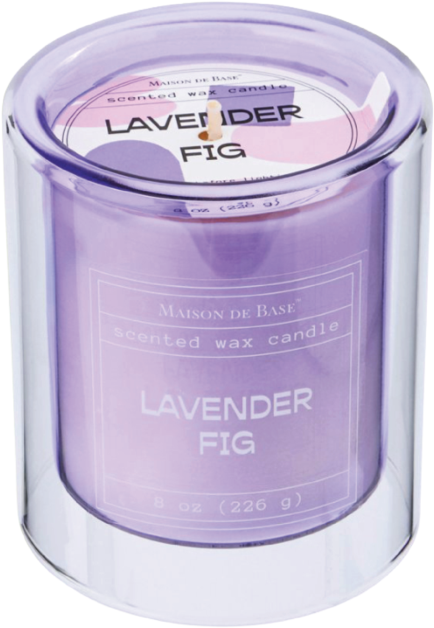 Lavender scented wax candle in a purple glass jar with a clock-like top and a small wick in the center.