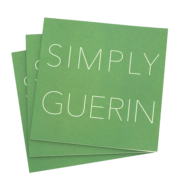 Three green square cards with white text that reads "SIMPLY GUERIN" stacked and slightly fanned out.