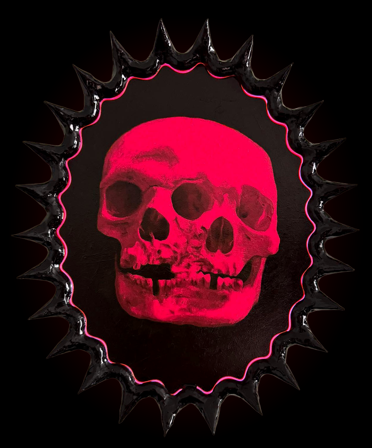 A neon-lit skull with a pink hue surrounded by a spiked circular frame on a black background.