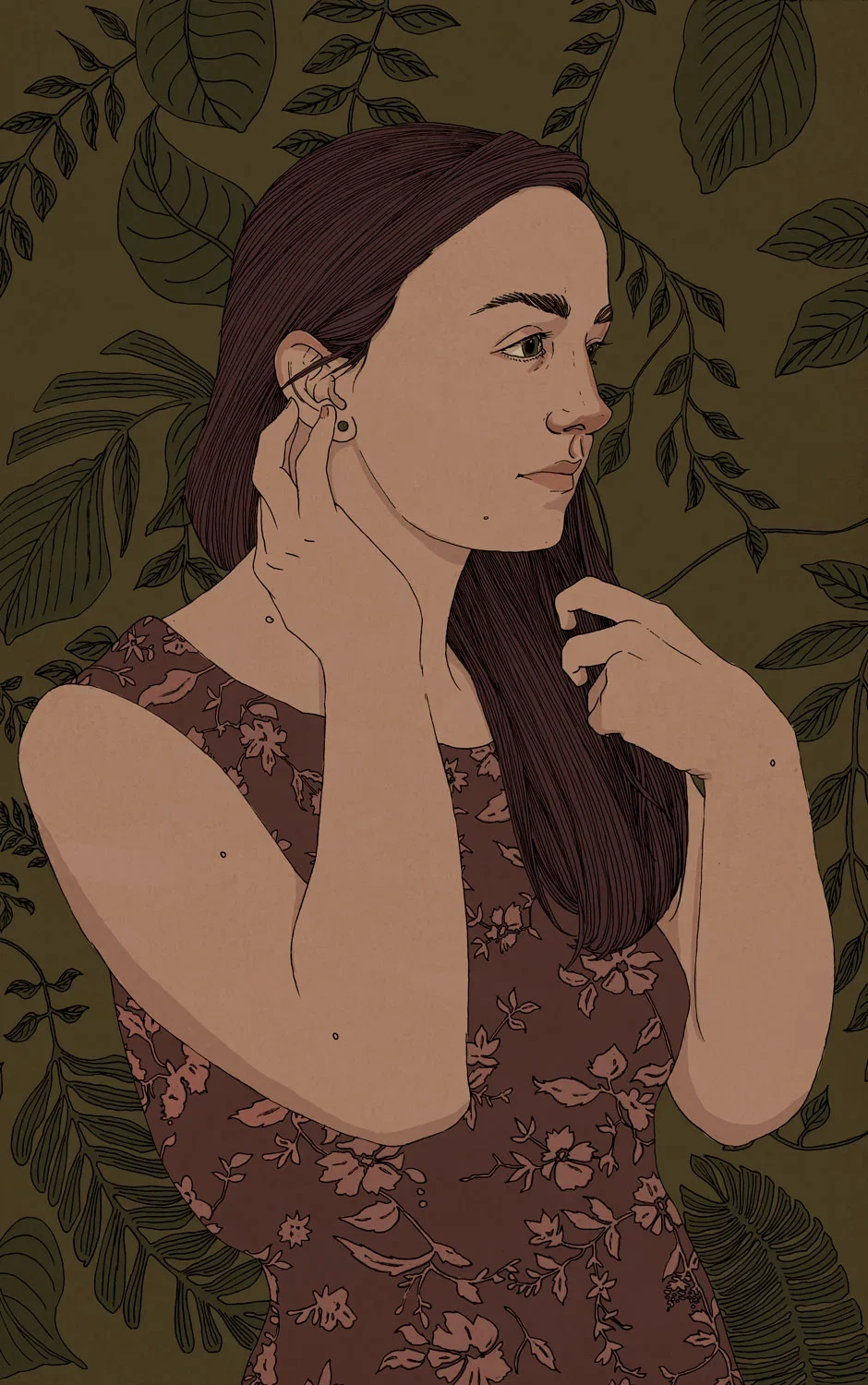 Illustration of a young woman with long dark hair, wearing a floral-patterned dress, touching her ear and chin, set against a background of leafy plants.