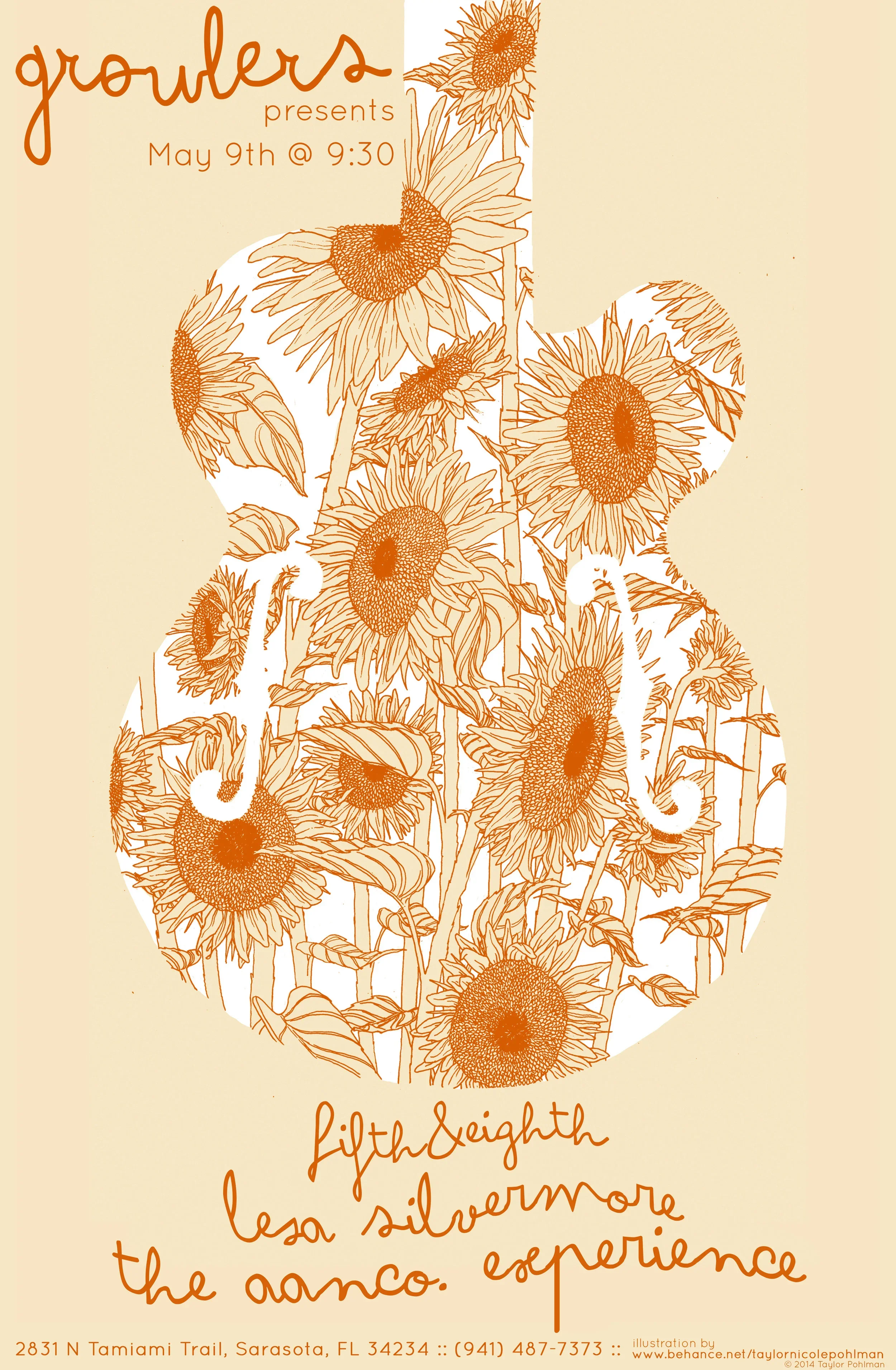Event poster featuring a pumpkin-shaped outline filled with illustrations of sunflowers. The text announces 'groupers presents May 9th @ 9:30' and reads 'fifth & eighth lesa silvermore the aanco experience' at 2831 N Tamiami Trail, Sarasota, FL 34234