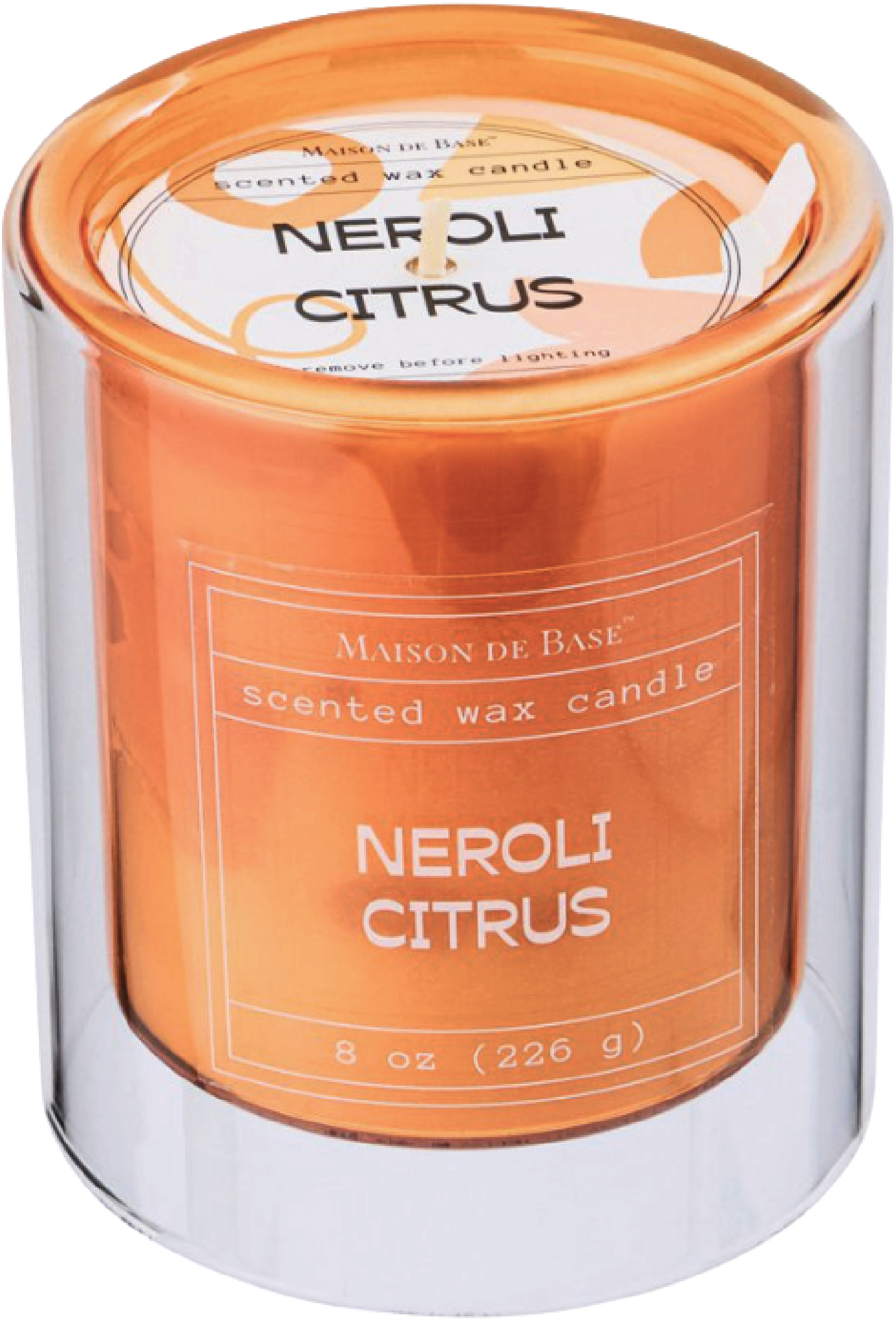 An orange scented wax candle in a silver metal container labeled 'Neroli Citrus', with a visible wick, packaging from Maison de Base.