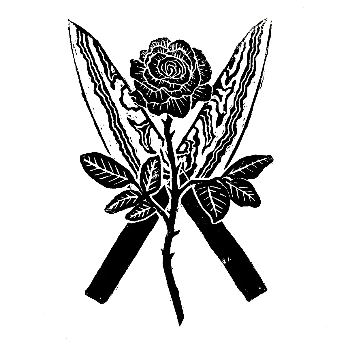 Black and white illustration of a rose with leaves, crossed by two large paintbrushes.