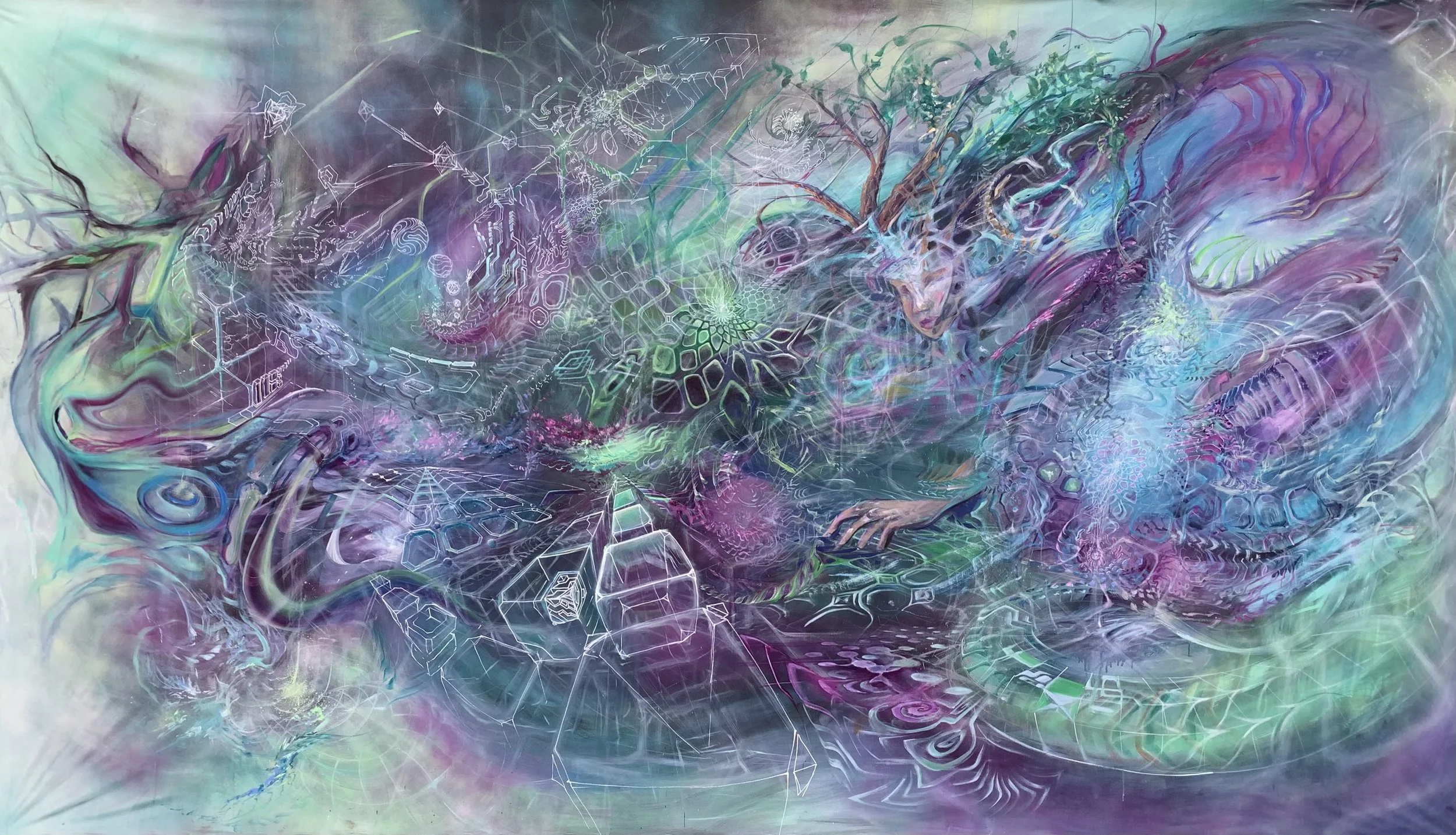 "Chrysallis" - 2024, 180 x 350 cm, Acrylic and spraypaint on Canvas, Collab w/ Shapeshift Collective