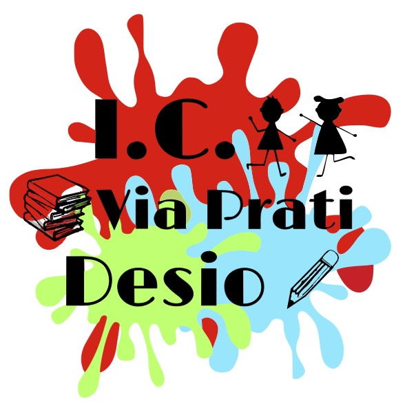 Logo con schizzi di colori e scritte 'I.C. via Prati Desio', con disegni stilizzati di bambini, libro, matita e pile di libri.