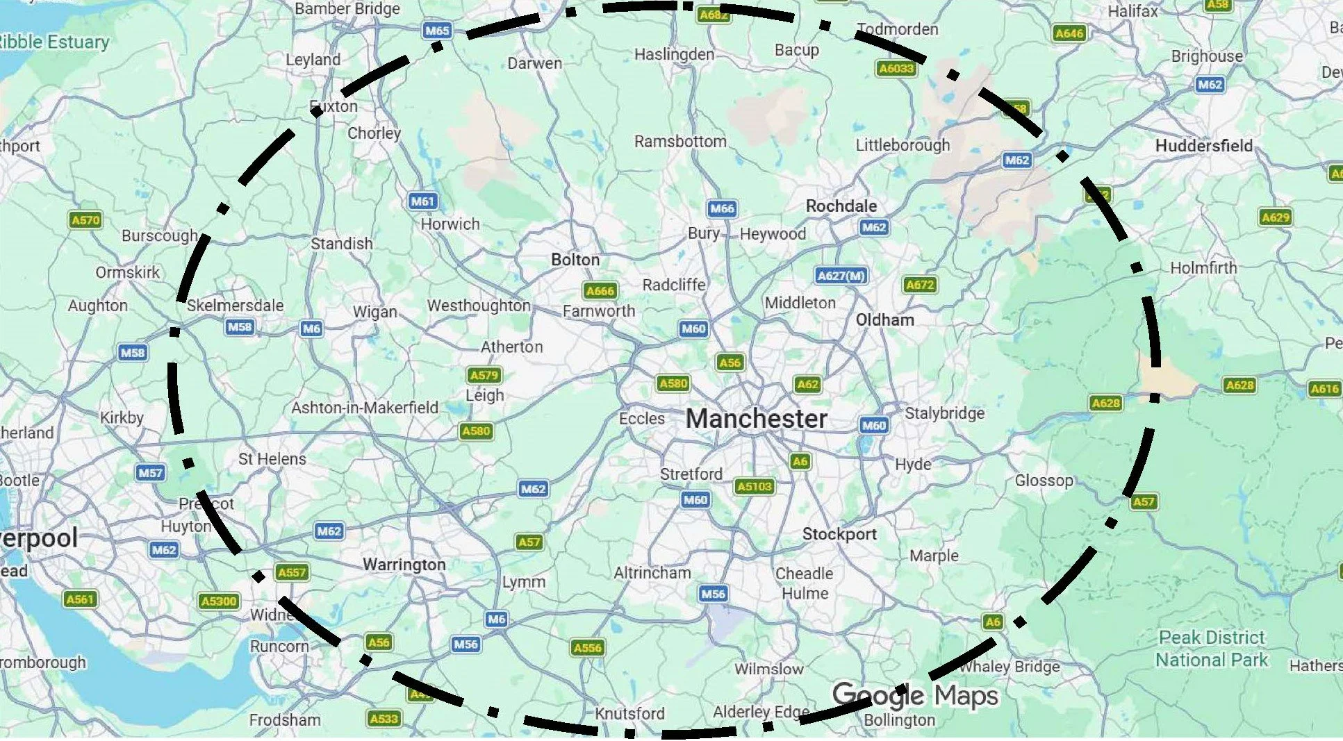 Map of Manchester, UK, with a dashed circle overlaying the city and surrounding areas.