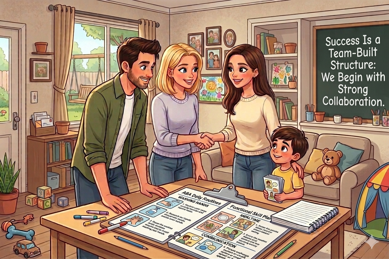 Cartoon image of a family and a woman shaking hands in a living room, with a young boy holding a card, a blackboard with a message about teamwork, and various toys and books around.