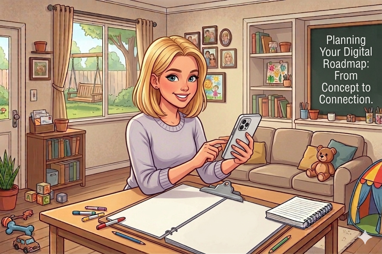 An illustration of a smiling woman with blonde hair sitting at a desk in a cozy living room, using a smartphone. The room has a window with curtains revealing a backyard with a swing, a bookshelf, family photos on the wall, and toys on the floor. A chalkboard on the wall reads, 'Planning Your Digital Roadmap: From Concept to Connection.'