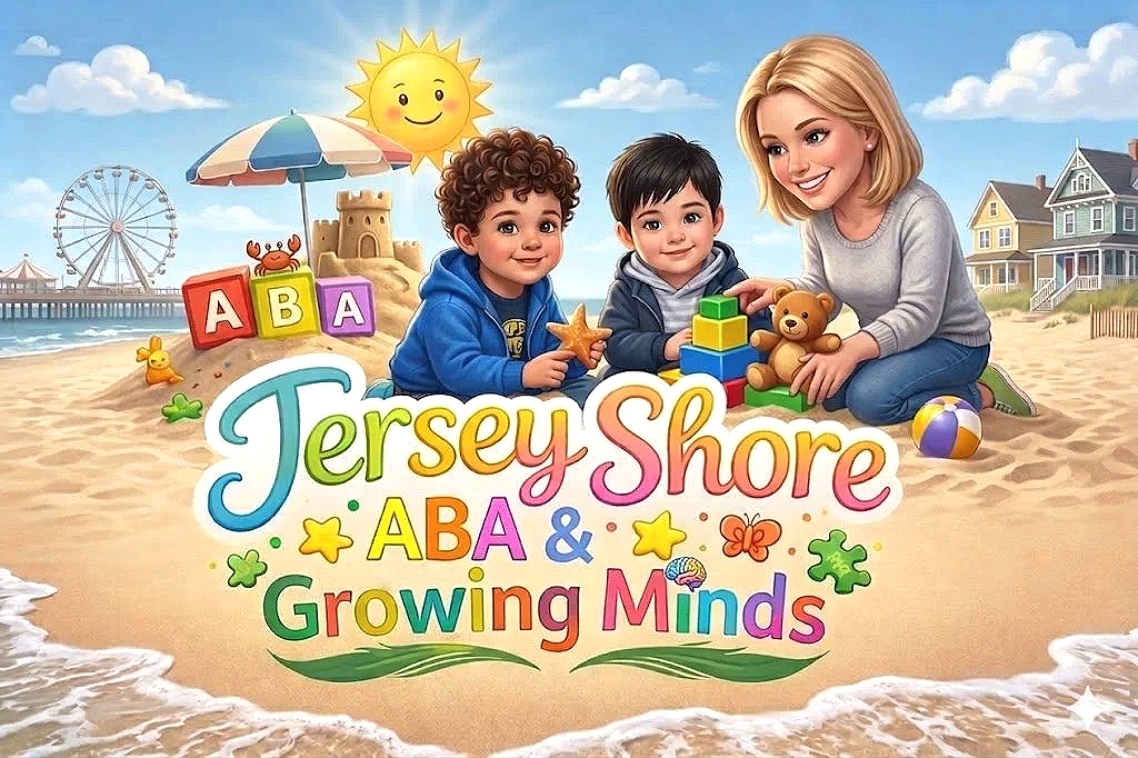 Children and a woman playing with toys on a sandy beach, with a Ferris wheel, and a sandcastle in the background, under a bright smiling sun.