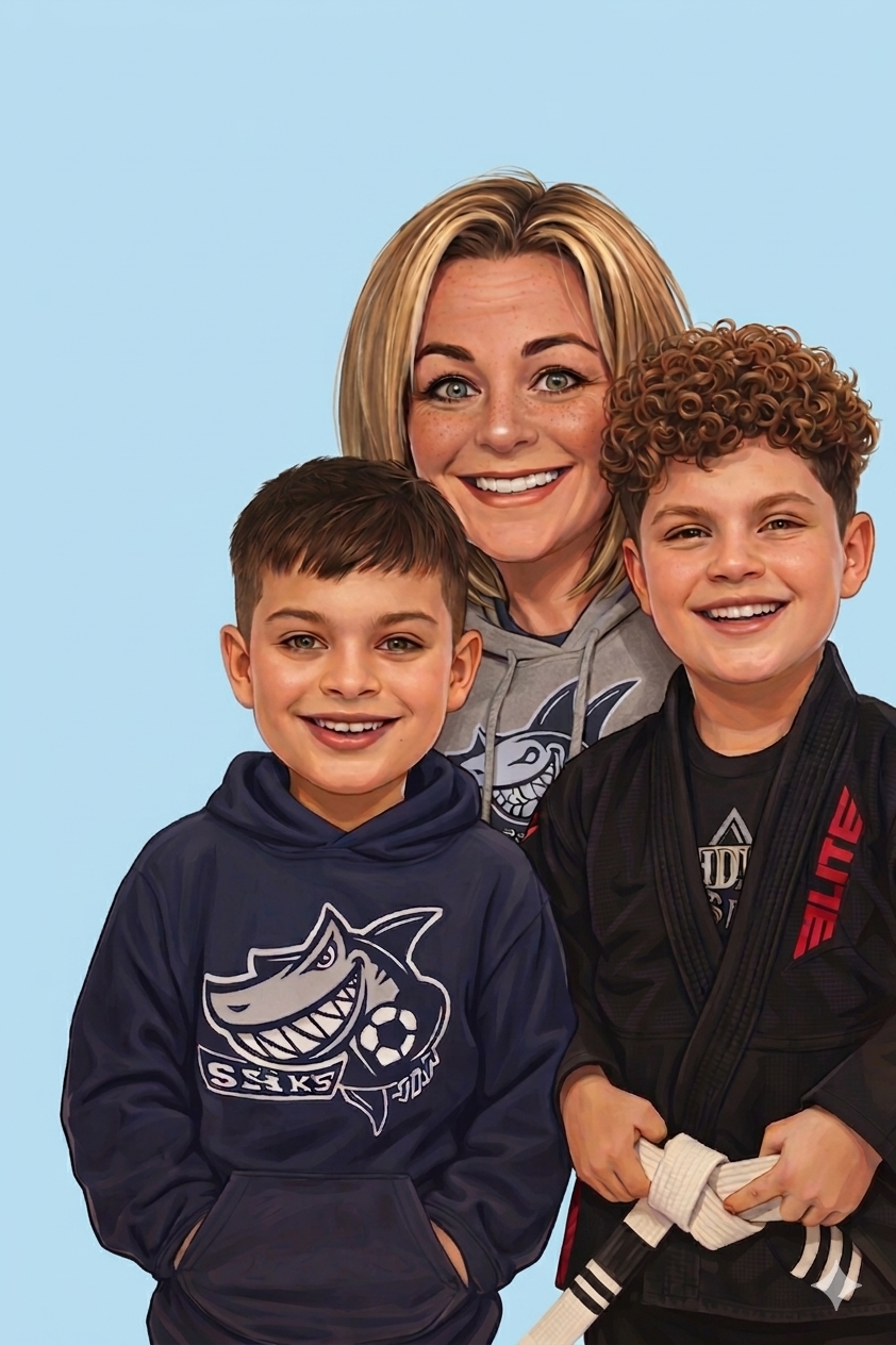 A woman and two boys smiling, with the boys dressed in martial arts uniforms.
