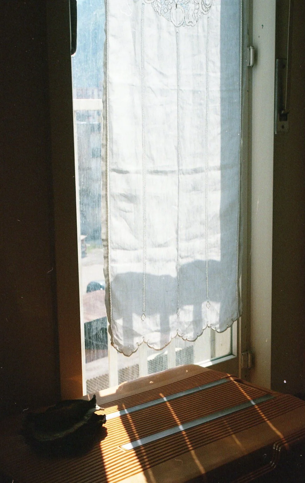 Une fenêtre avec un rideau blanc transparent et une petite chatte noire allongée sur une surface en bois brun avec des rayons de soleil qui filtrent à travers les volets.