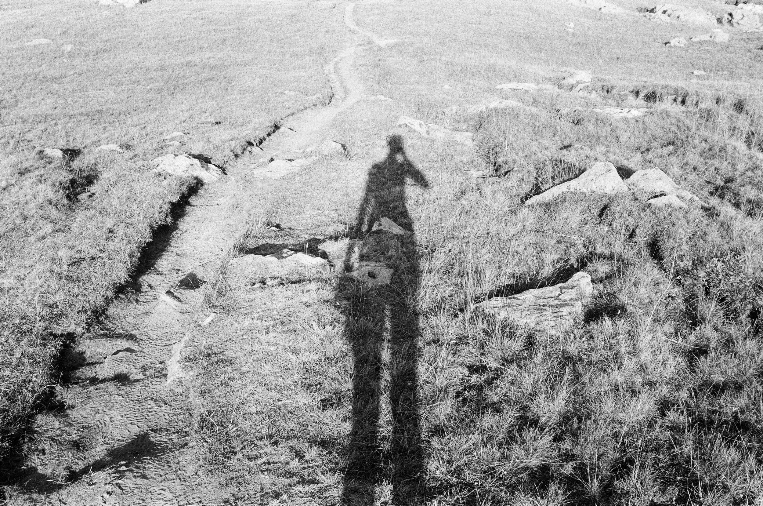 Ombre d'une personne sur un chemin de campagne en terrain rocheux et herbeux en plein jour.