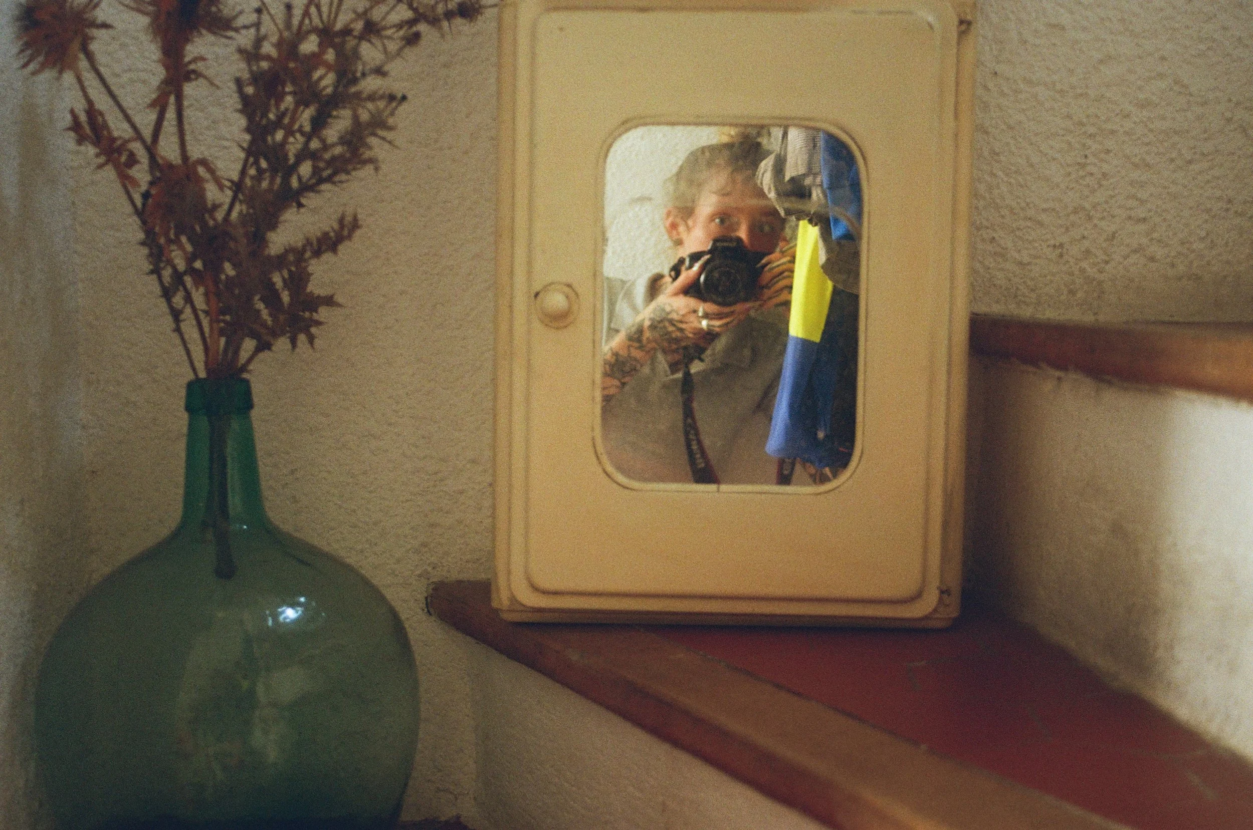 Un miroir rectangulaire. Dedans, un personnage avec des tatouages visibles prend une photo de lui-même avec un appareil photo reflex. Une grande vase verte avec des branches sèches est posé à gauche du miroir sur la même surface en bois.