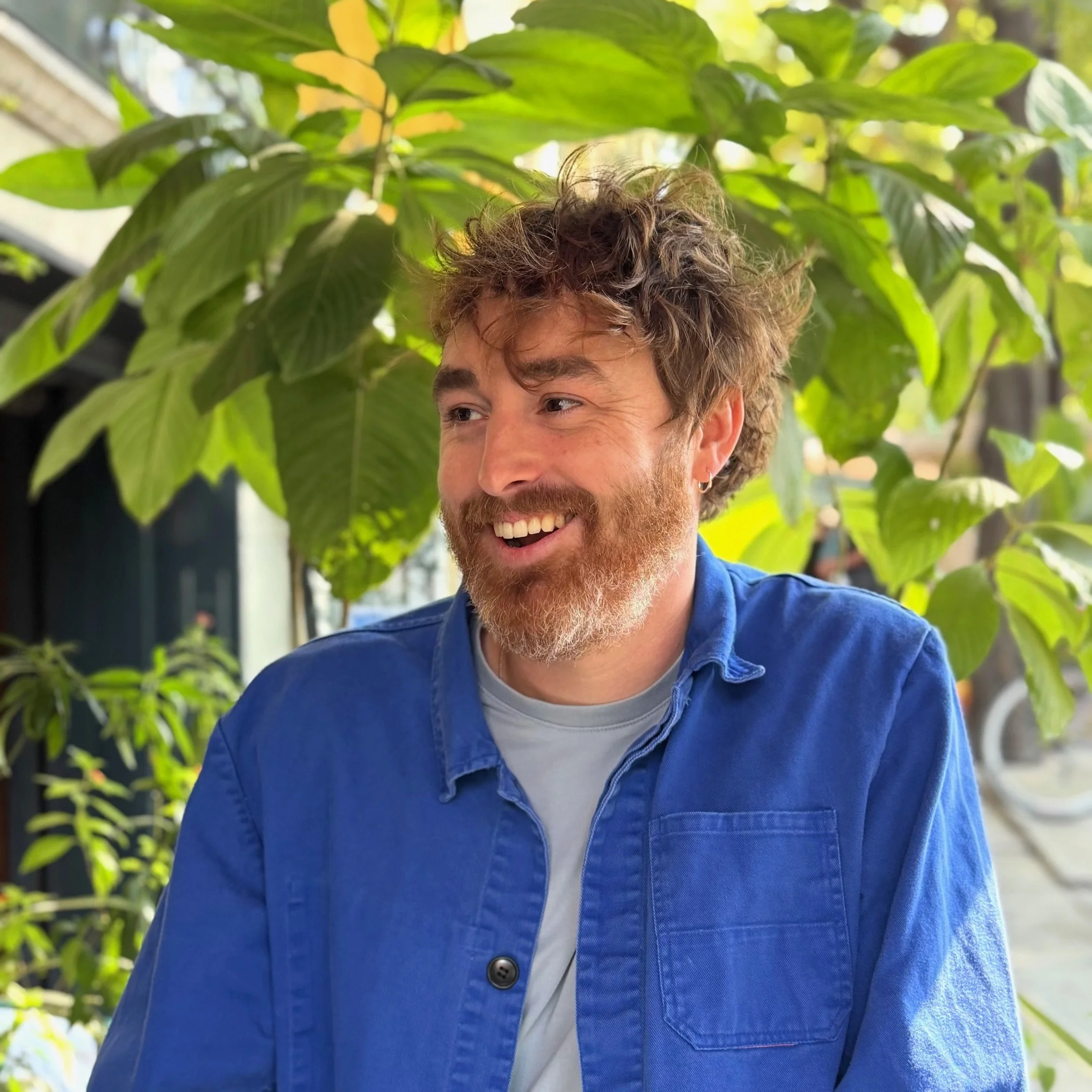 A smiling man with curly brown hair and a beard, wearing a blue shirt and a gray t-shirt, sitting outdoors surrounded by large green leaves.