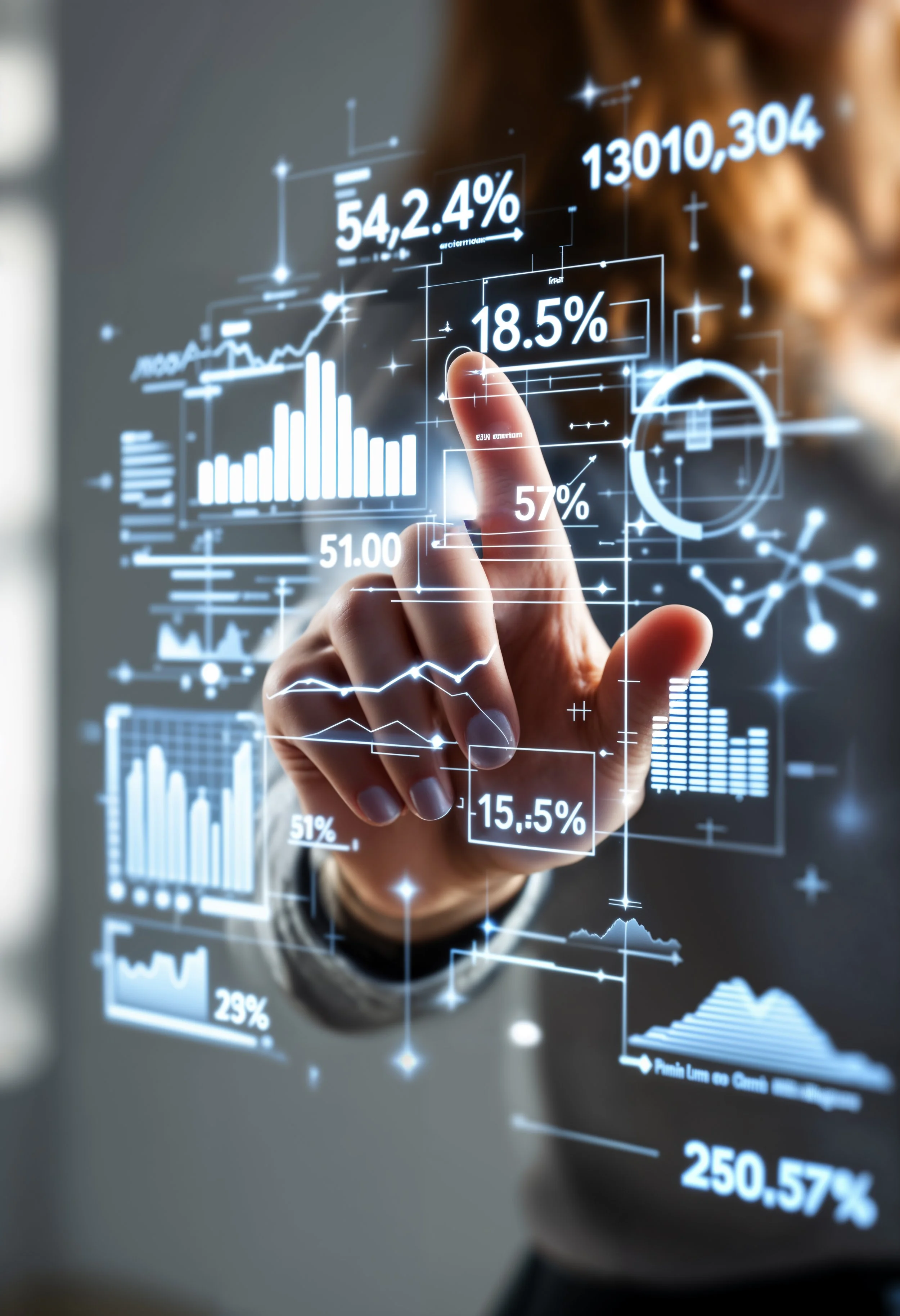 Person interacting with a transparent futuristic digital financial dashboard displaying various charts, graphs, and percentage data points.
