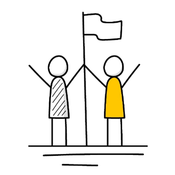 Two stick figures standing on a podium next to a flag, celebrating victory or achievement.