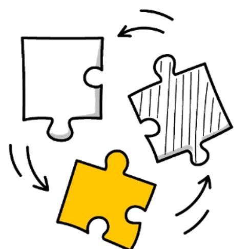 Illustration of four interconnected puzzle pieces, with one yellow puzzle piece at the bottom and three black-and-white pieces above, representing a puzzle assembly concept.
