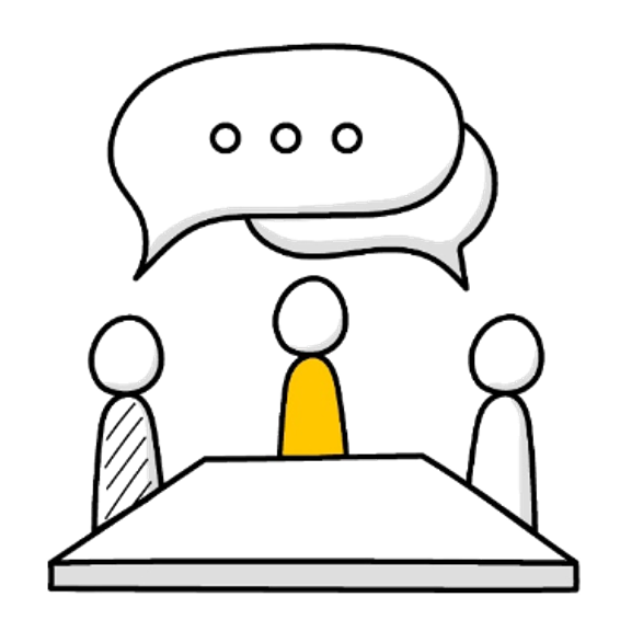 Three faceless figures sitting around a table, with one figure in yellow, and a speech bubble with dots above them.