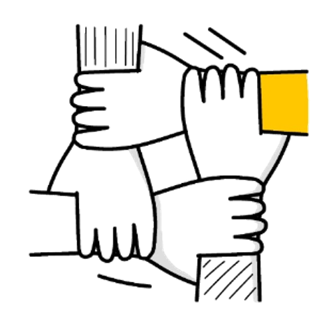 Illustration of four hands stacking to form a square with a yellow square on one side.