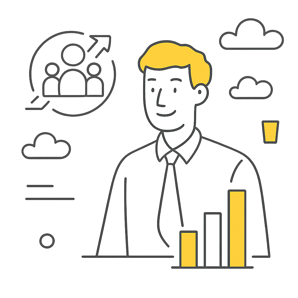 Illustration of a smiling man in business attire with bar graphs, cloud icons, and a speech bubble containing people, indicating concepts of business, cloud computing, and teamwork.
