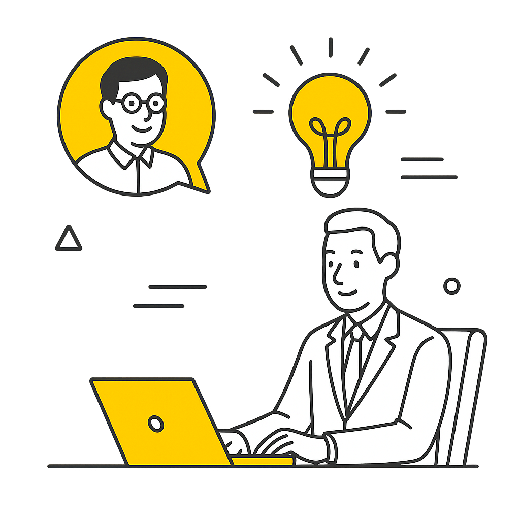 An illustration of a man in a suit sitting at a desk working on a yellow laptop, with a speech bubble depicting a man and a lightbulb indicating an idea or conversation about a new idea or innovation.