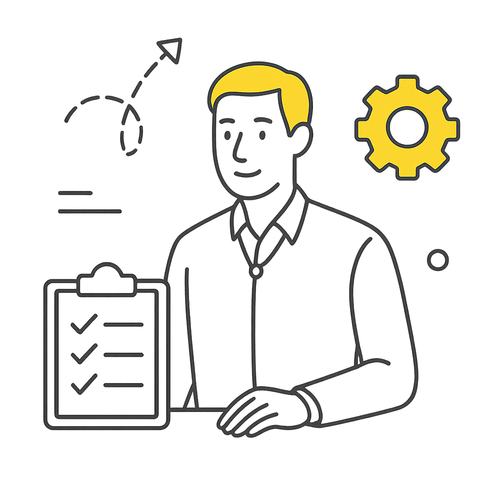 An illustration of a man with blonde hair and a light gray shirt sitting at a desk with a clipboard showing checkmarks, a yellow gear symbol, and a background with yellow and gray elements.