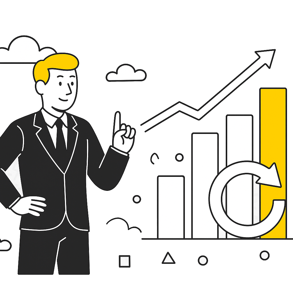 Illustration of a man in a suit pointing upwards with a bar graph showing increasing trend and a circular arrow, indicating growth or progress.