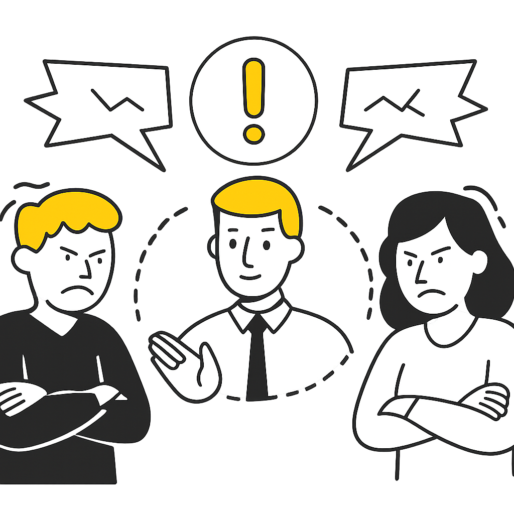 A cartoon illustration of two angry people, a man and a woman, with crossed arms and furrowed brows, facing a calm man in the middle. The calm man has a speech bubble with an exclamation mark, while the angry people have speech bubbles with lines indicating anger or frustration.