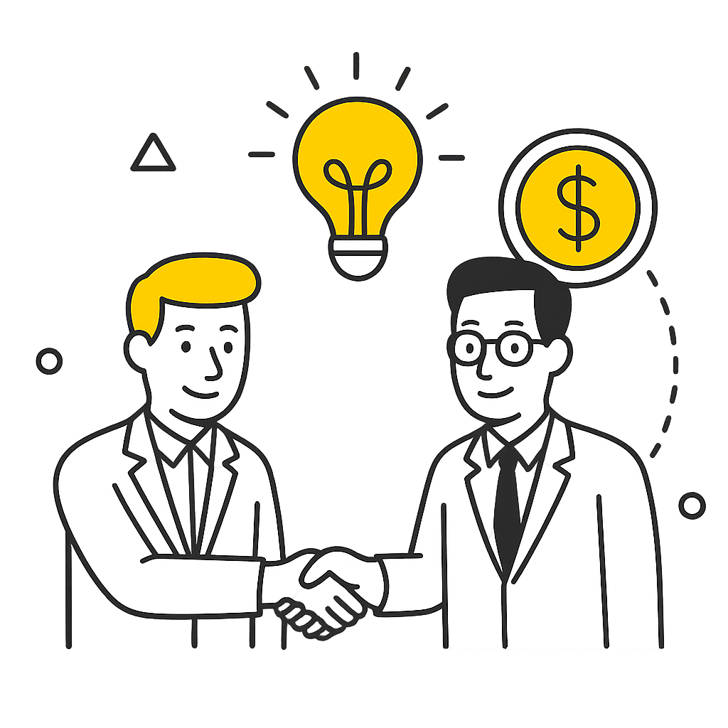Two men in suits shaking hands, with a light bulb and a dollar sign above. The illustration is in black, white, and yellow.