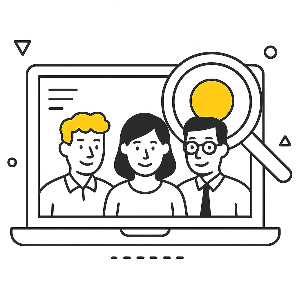 Illustration of three people taking a group photo on a laptop screen, with a magnifying glass highlighting a yellow circle behind them.