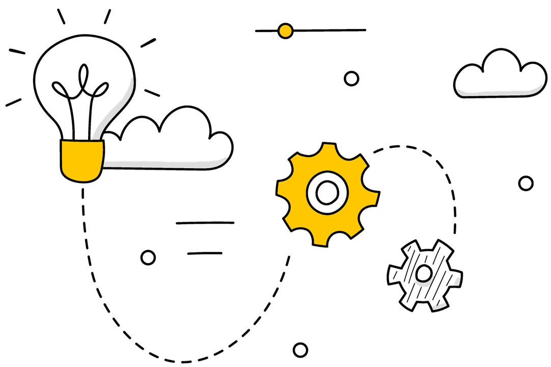 Illustration of a lightbulb with a cloud, a yellow gear, and a smaller gear with a circuit design in a digital style.