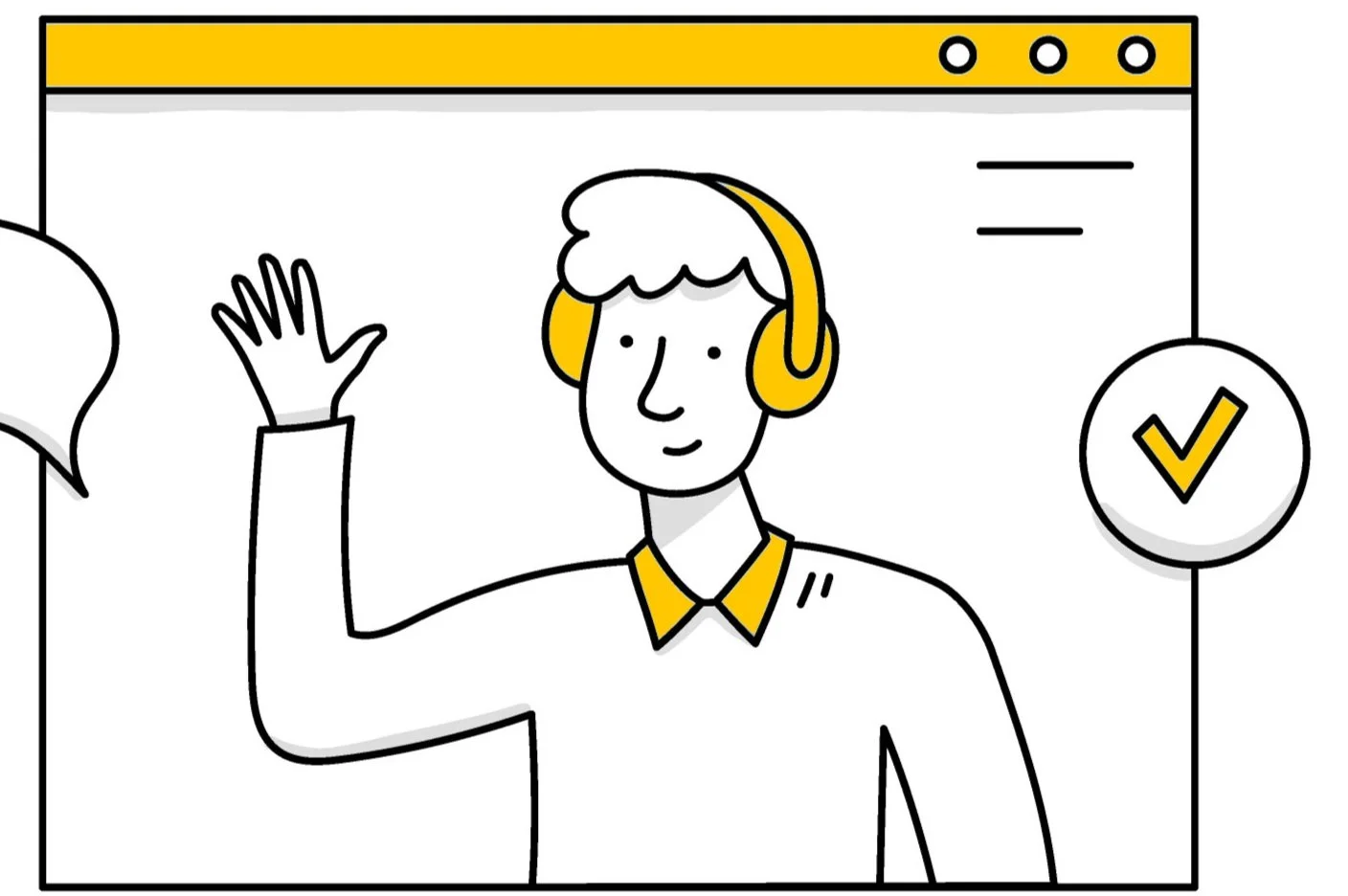 A cartoon person with short hair wearing headphones, waving with one hand inside a virtual meeting window, with a check mark icon outside the window.