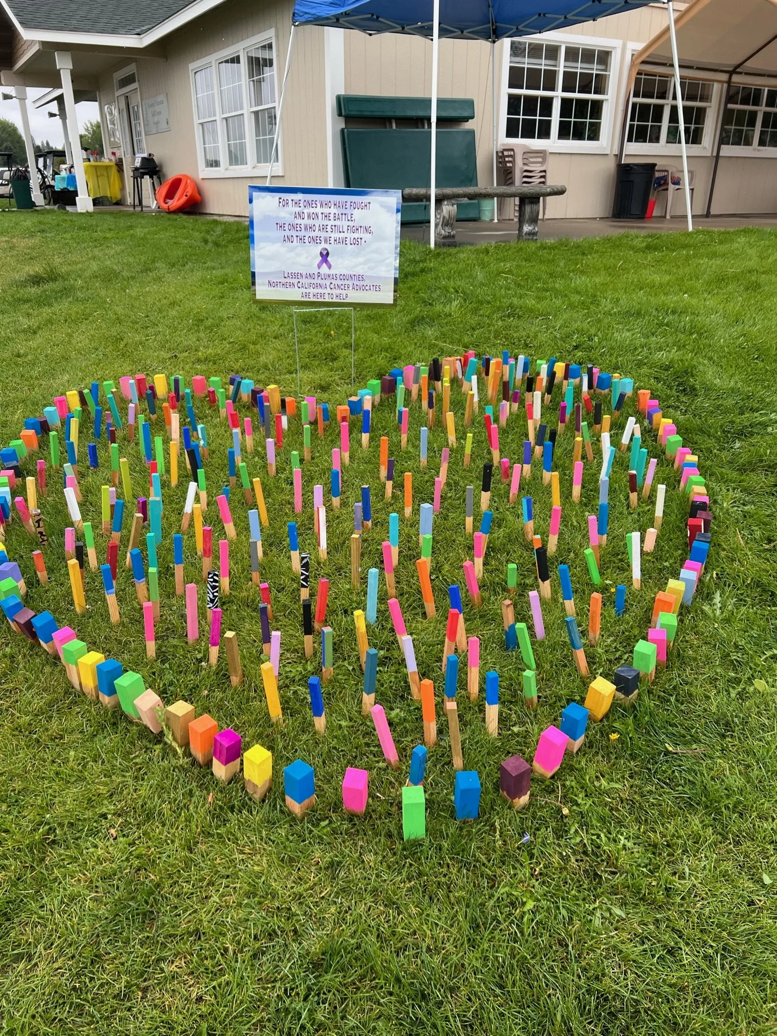 A memorial outdoor display with colorful wooden sticks arranged in a heart shape on a grassy lawn. A sign with a purple ribbon symbol and text honoring cancer fighters, survivors, and those lost is visible in the background.
