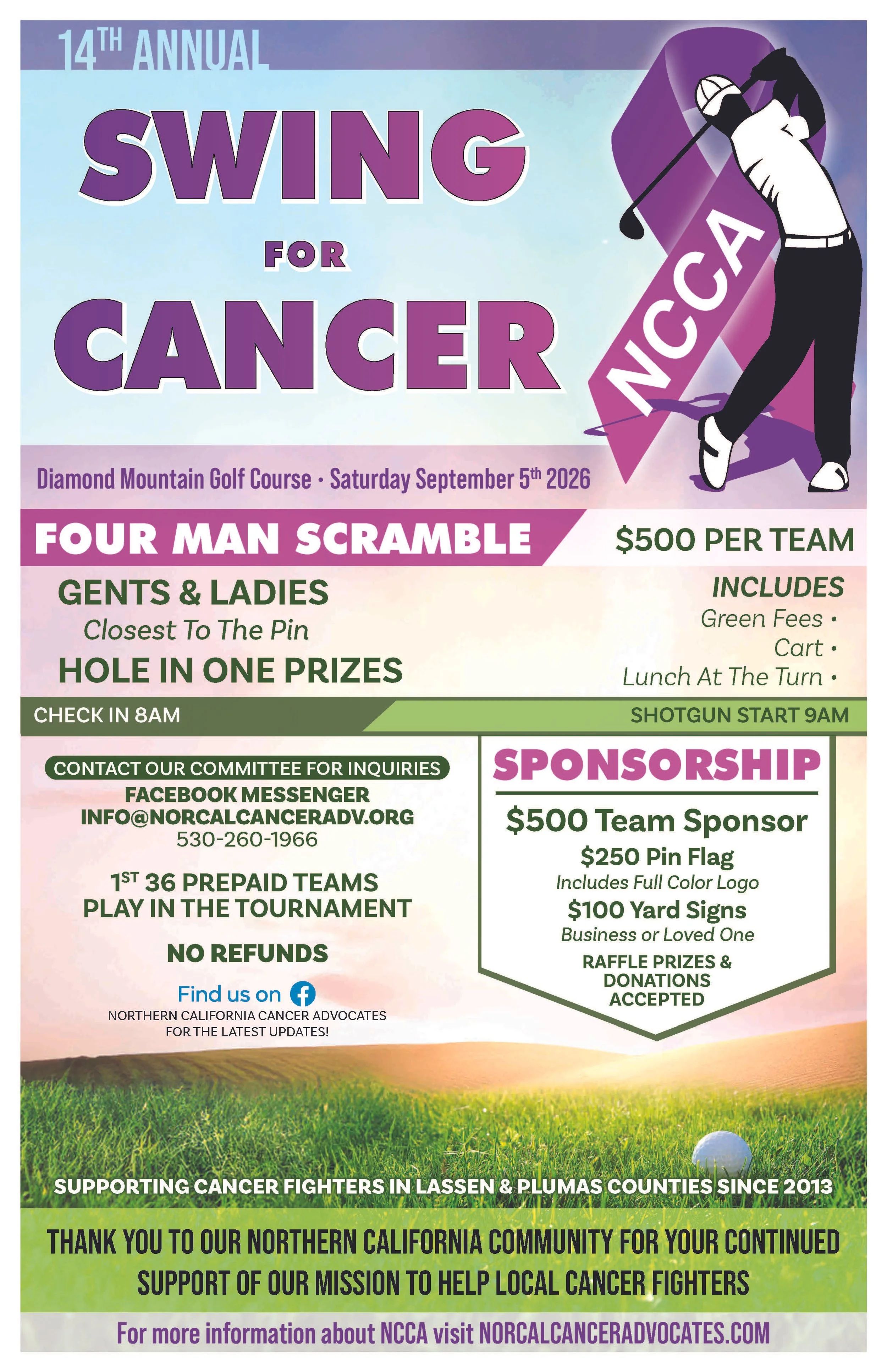 Flyer for the 14th Annual Swing for Cancer golf tournament at Diamond Mountain Golf Course, scheduled for Saturday, September 5, 2026. The event features a four-man scramble, with details about prizes, registration, sponsorship options, and supporting cancer fighters in Lassen and Plumas counties.