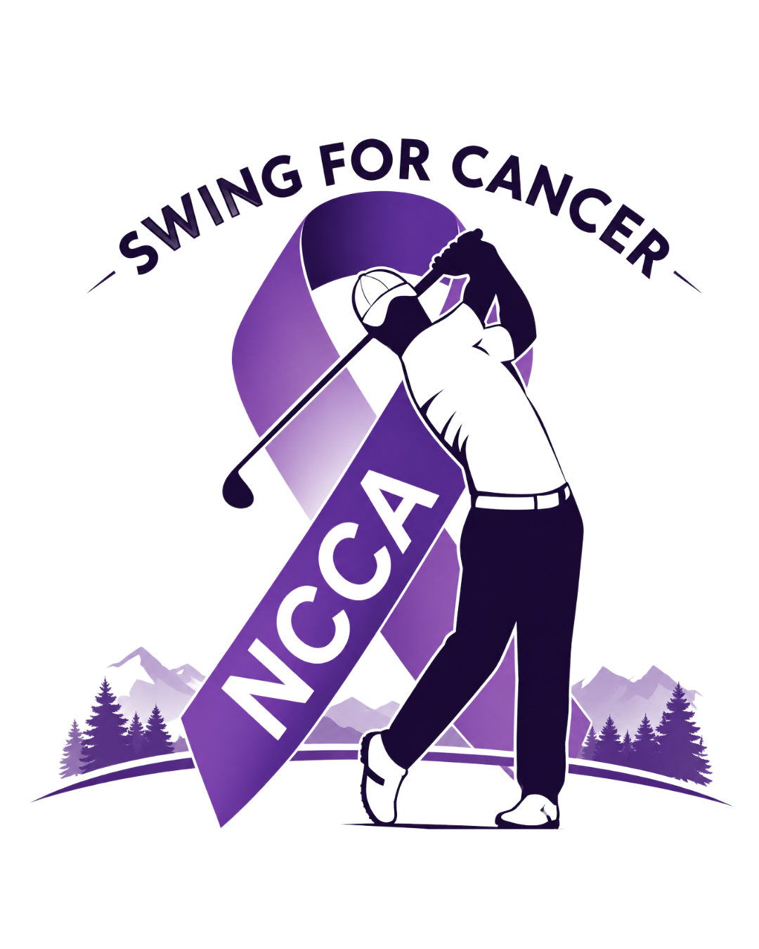 A golfer with a golf club swinging under an umbrella, with a background of mountains and trees, and the phrase 'Swing for Cancer' above.