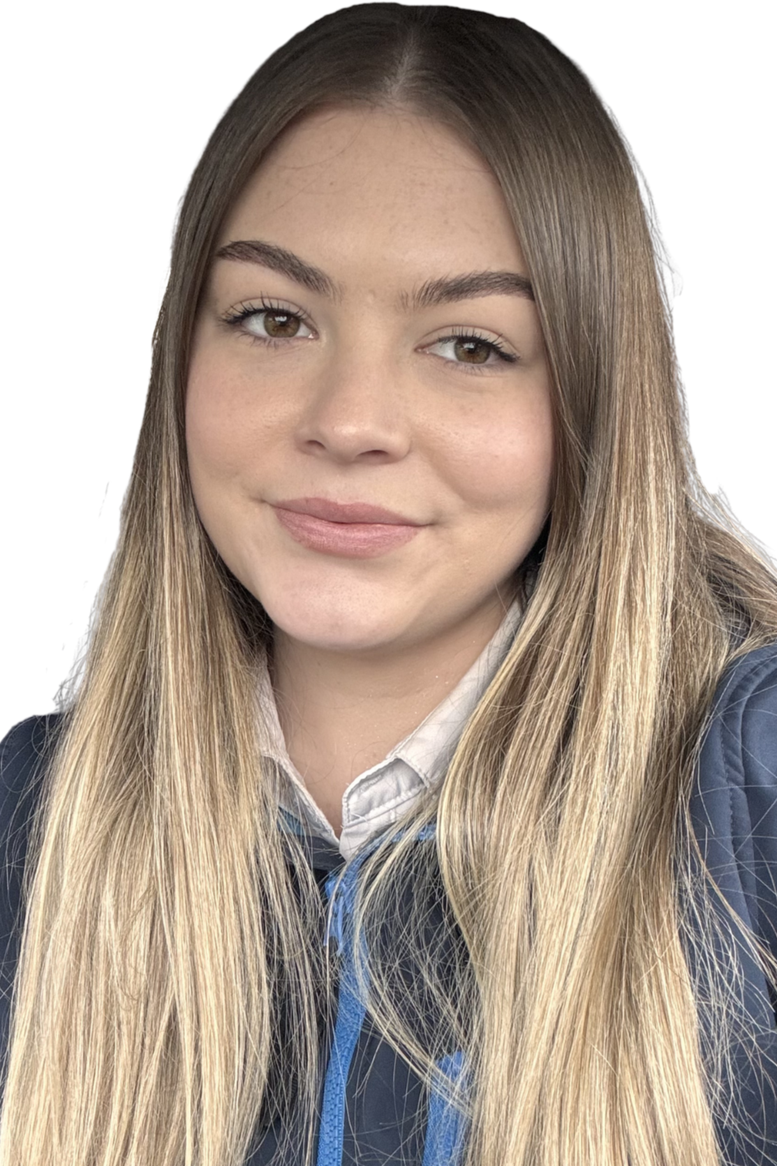 A young woman with long blonde hair, light skin, and brown eyes, smiling softly, wearing a collared shirt and a dark jacket, against a plain black background.