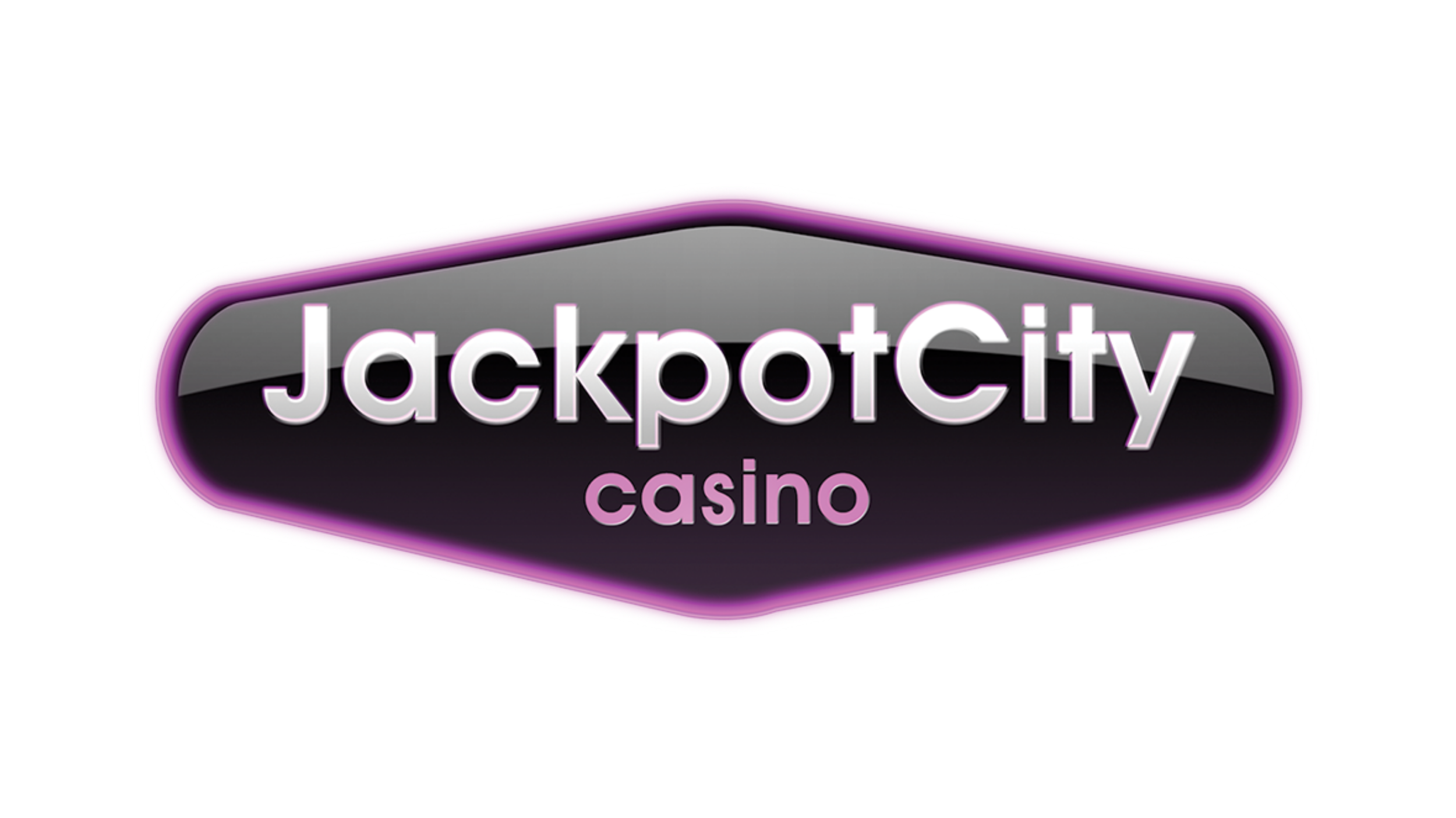 Neon sign reading 'JackpotCity casino' in purple, pink, and gray colors.