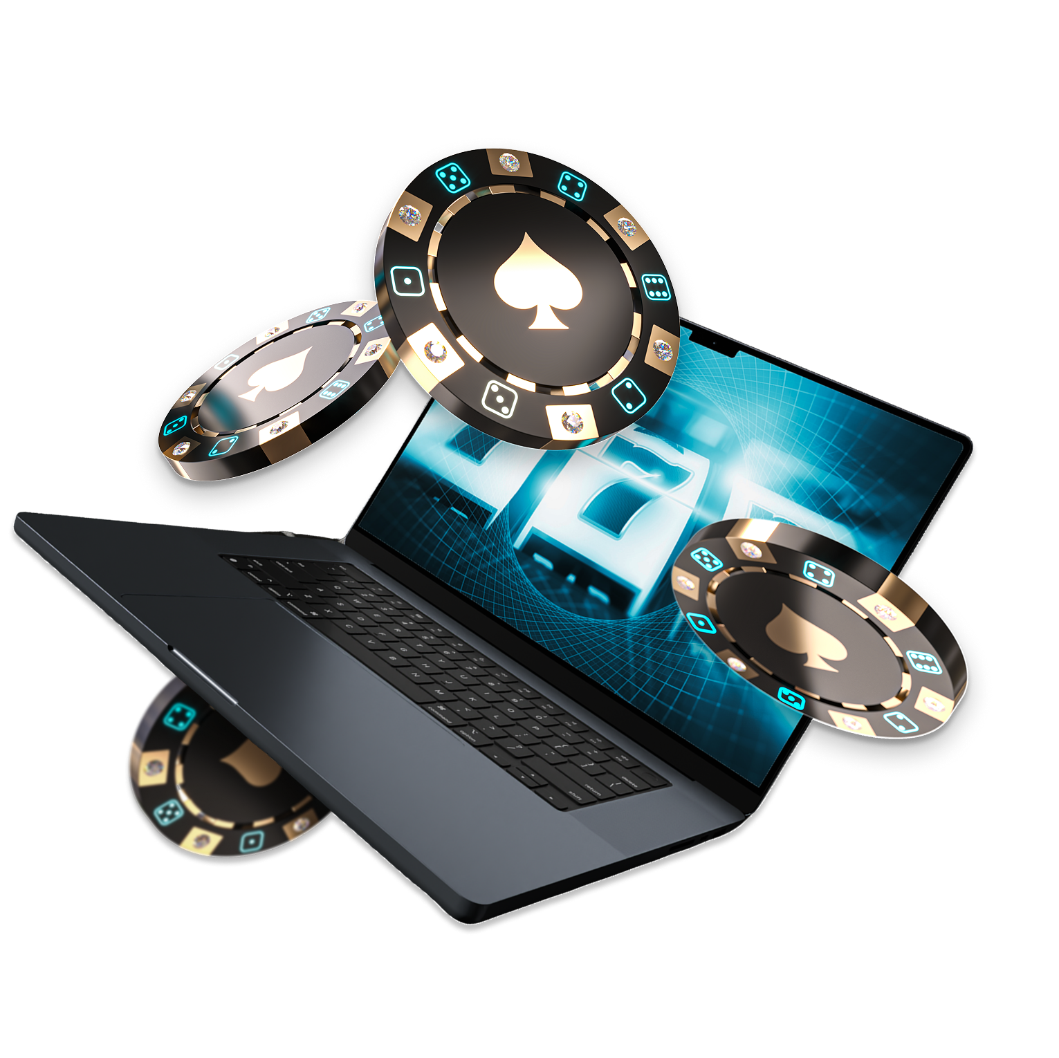 A laptop with a digital screen displaying a 3D grid pattern, surrounded by holographic poker chips with spade symbols, glowing all around.