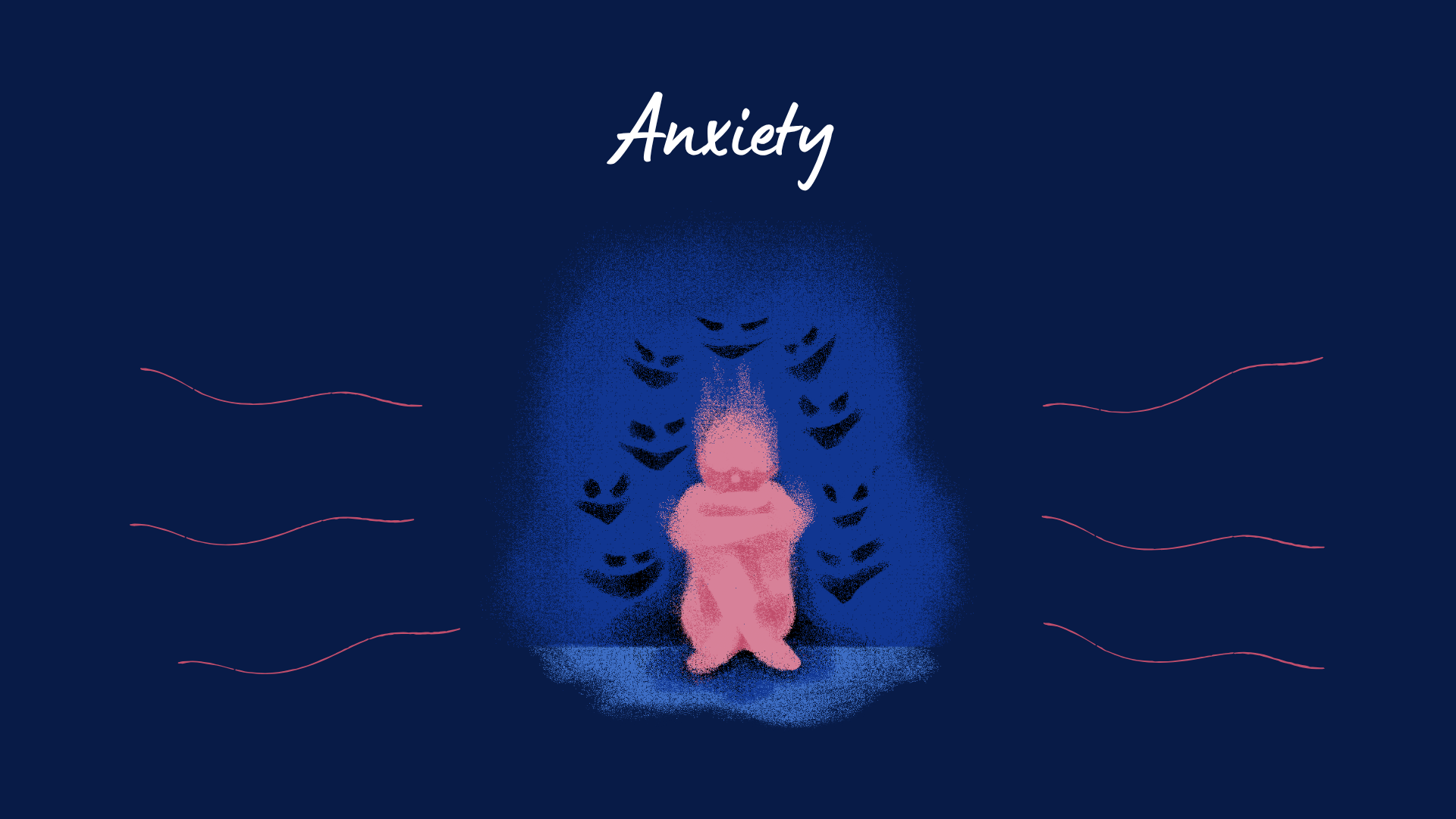 Illustration of a person sitting cross-legged, with dark hair, surrounded by wavy lines, and the word 'Anxiety' at the top, depicted in a stylized, abstract manner with blue and pink colors.