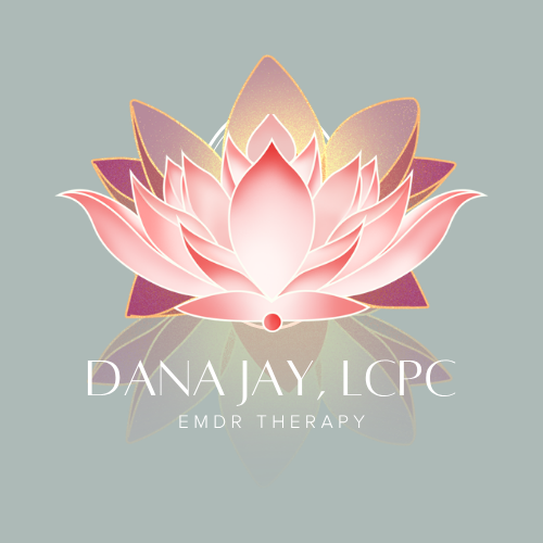 A pink and purple lotus flower with reflection, text reading 'Dana Jay, LCPC' and 'EMDR Therapy' underneath on a gray background.