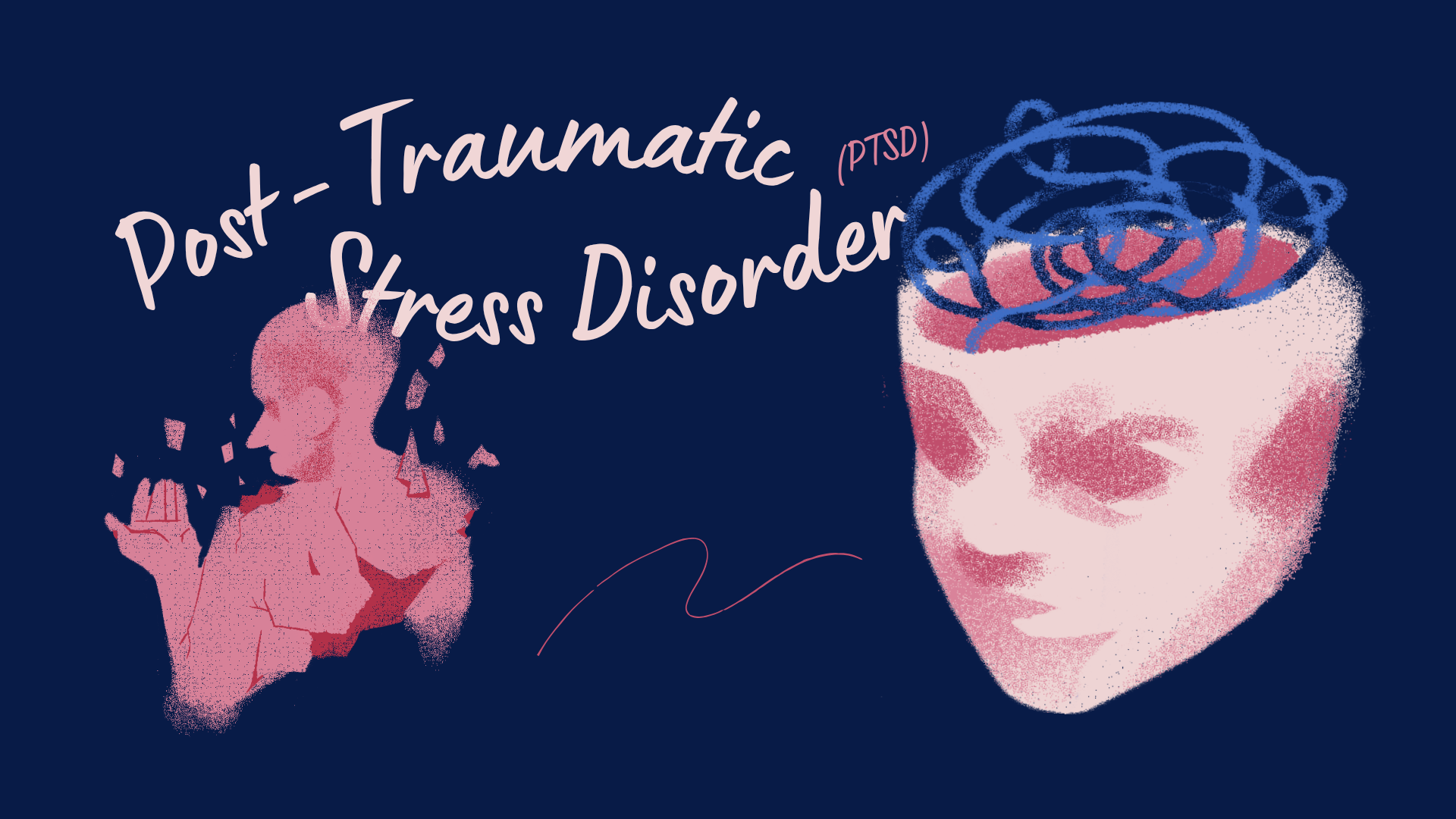 Illustration with a woman's face, her brain depicted with scribbles, and a smaller profile of a woman holding her head, alongside text reading 'Post-Traumatic Stress Disorder (PTSD)'.