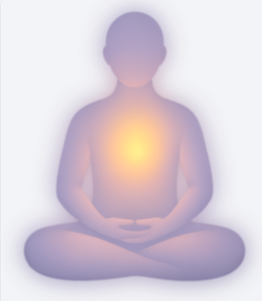 Silhouette of a person sitting cross-legged in a meditative pose with a glowing light on their chest, symbolizing inner peace or energy.