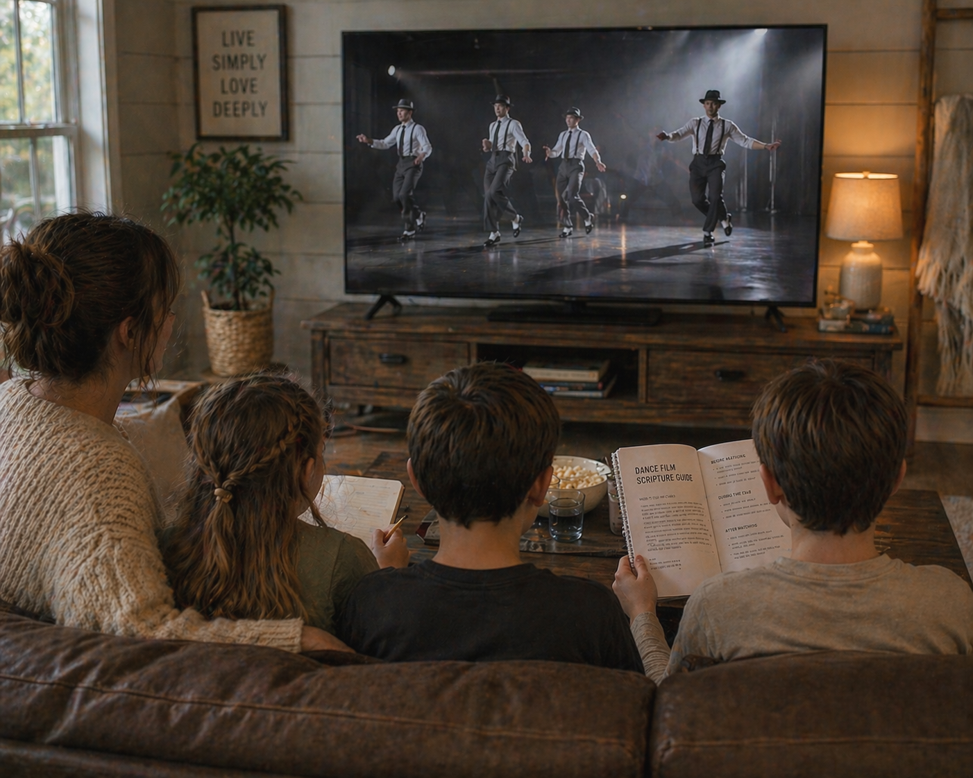 Family watching dance performance on TV in cozy living room, with dance script guide, popcorn, and drinks on table.